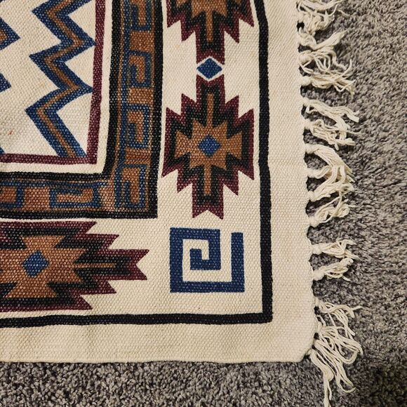 Southwest Aztec Accent Rug 26 x 21.5" Fringe Small Neutral Colors Vtg Cotton - Picture 11 of 14